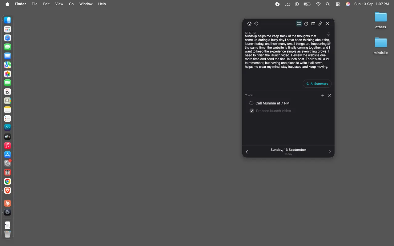 A Mac desktop with the Mindslip droplet in the menu bar and the notepad open beneath it.
