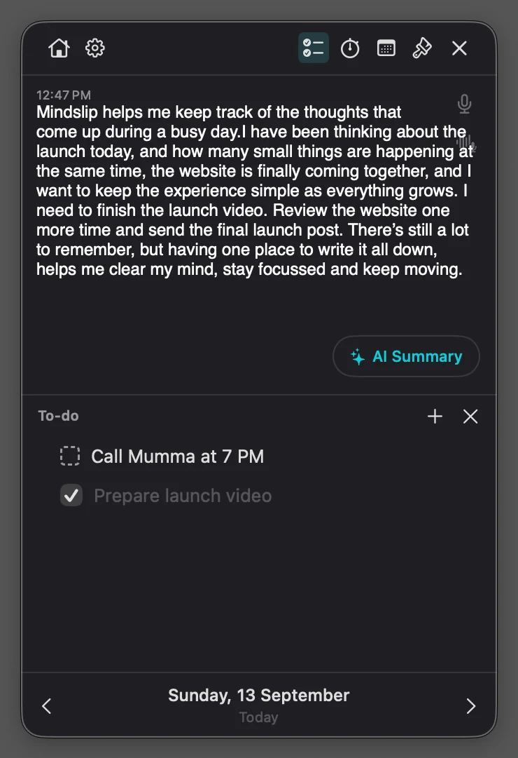 The Mindslip notepad in the Dark theme: a note with a 12:47 PM time stamp, the AI Summary button, a repeating to-do and a finished one.