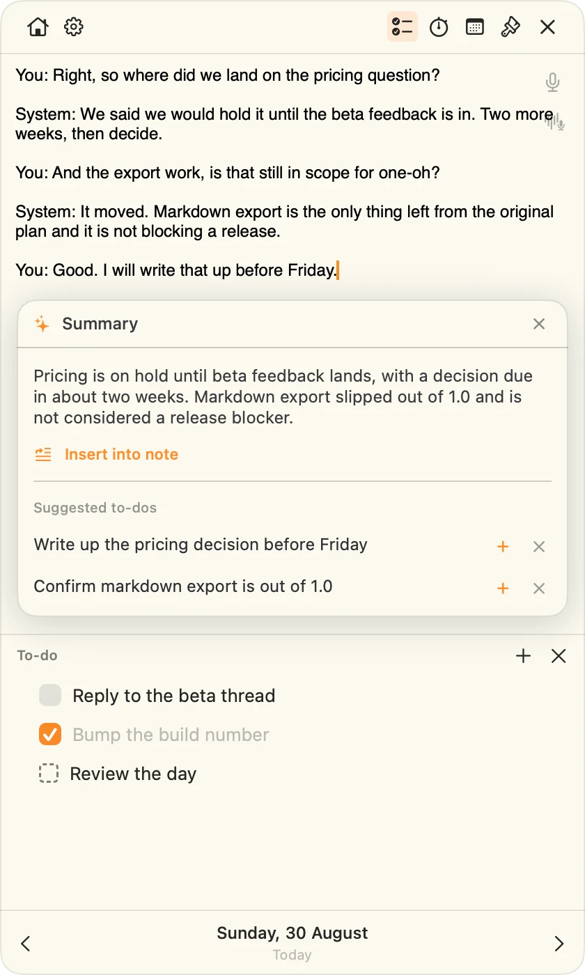 The AI summary card: a short summary of the call and suggested to-dos, each with add and discard buttons.