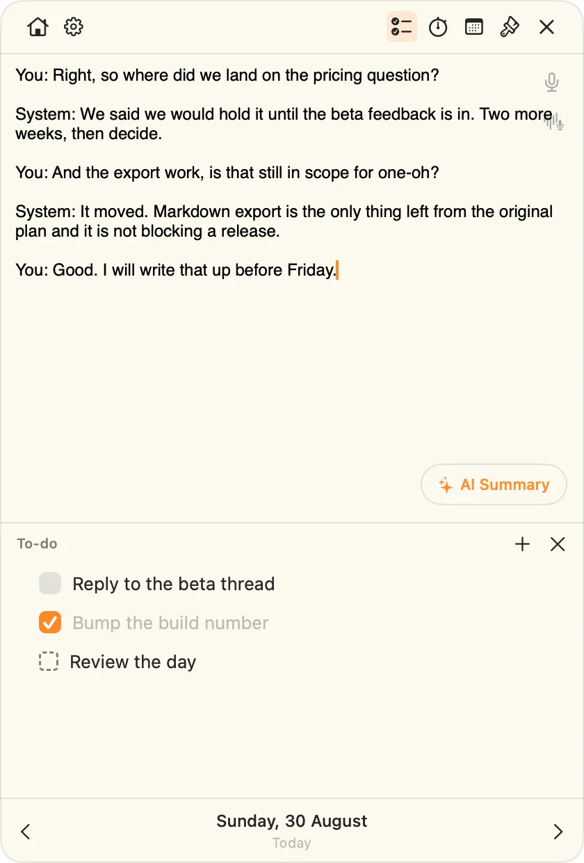 A meeting transcript in Mindslip, each line marked You or System.